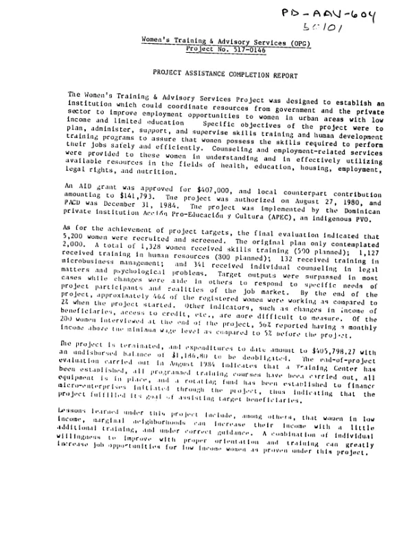 Women's training and advisory services (OPG), project no. 517-0146 : project assistance completion report