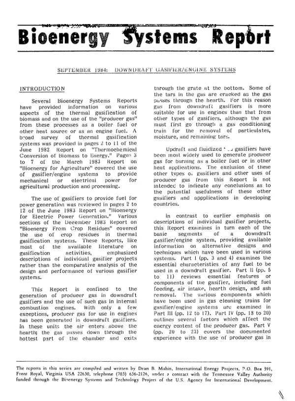 September 1984 : downdraft gasifier/engine systems
