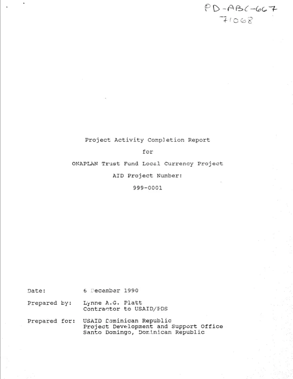 Project activity completion report for ONAPLAN trust fund local currency project, AID project number 999-0001