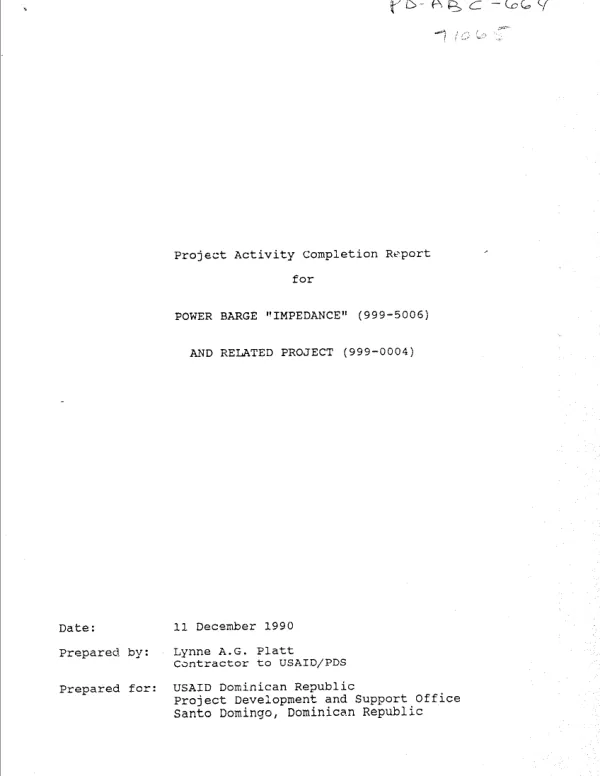 Project activity completion report for power barge `Impedance' (999-5006) and related project (999-0004)