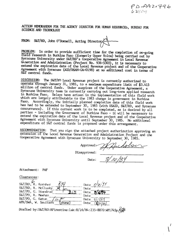Action memorandum for the Agency Director for Human Resources, Bureau for Science and Technology [: for field research in Burkina Faso (formerly Upper Volta) being carried out by Syracuse University (local revenue project)]