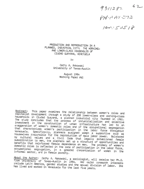 Production and reproduction in a planned, industrial city : the working- and lower - class households of Ciudad Guayana, Venezuela