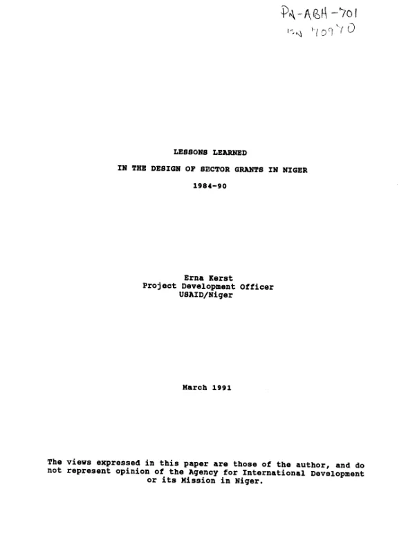 Lessons learned in the design of sector grants in Niger, 1984-90