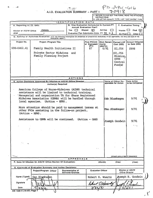 Report of the final evaluation : private sector midwives and family planning project -- Ghana