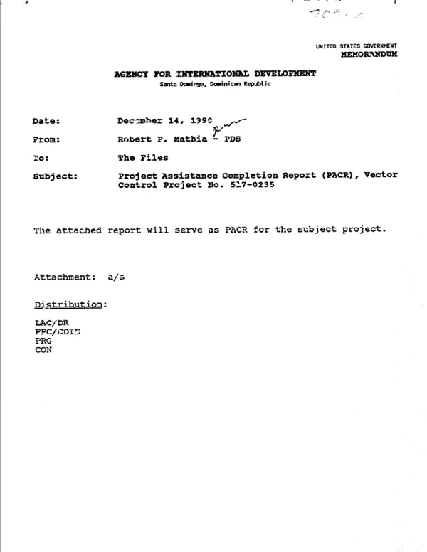 Project assistance completion report (PACR), vector control project no. 517-0235