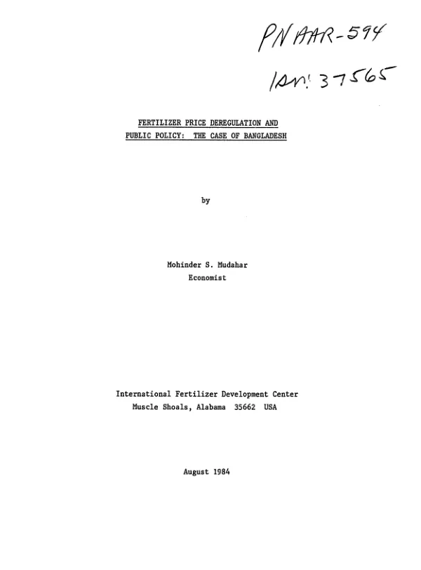 Fertilizer price deregulation and public policy : the case of Bangladesh
