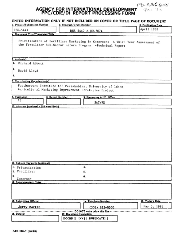 Privatization of fertilizer marketing in Cameroon : a third year assessment of the fertilizer sub-sector reform program -- technical report