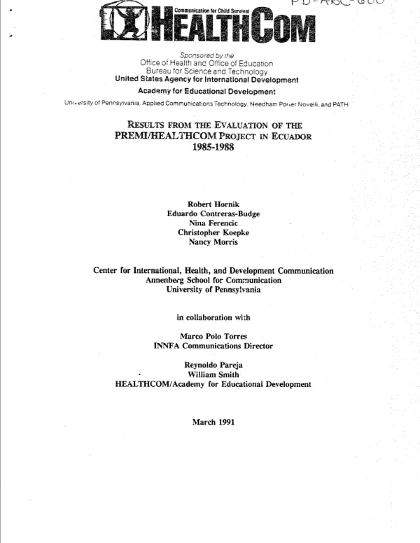 Results from the evaluation of the PREMI/HEALTHCOM project in Ecuador, 1985-1988