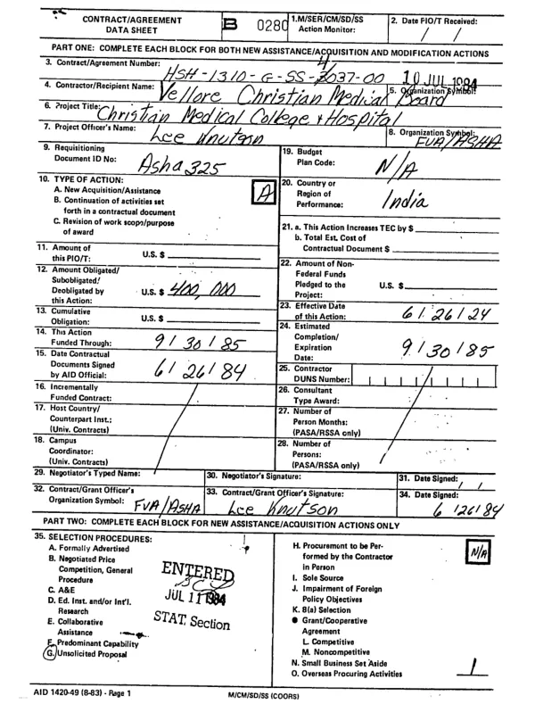 Grant by the United States of America to Vellore Christian Medical College Board (USA), Inc. for the Christian Medical College and Hospital, Vellore, India [: amendment]