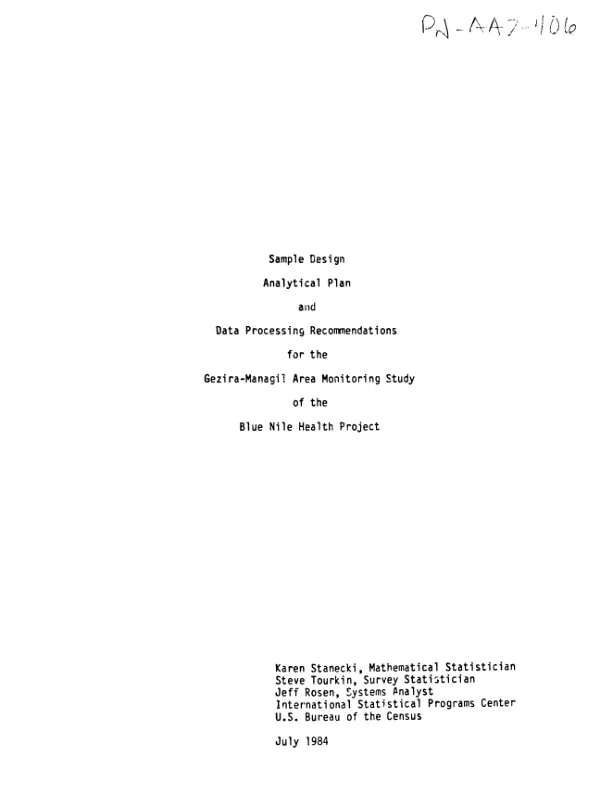 Sample design analytical plan and data processing recommendations for the Gezira - Managil area monitoring study of the Blue Nile health project