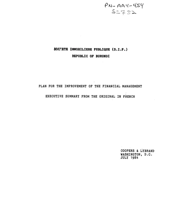 Societe Immobiliere Publique (S.I.P.), Republic of Burundi : plan for the improvement of the financial management, executive summary from the original in French