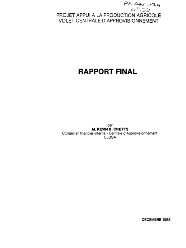 Projet appui a la production agricole, Volet Centrale d"Approvisionnement : rapport final