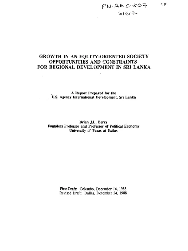Growth in an equity-oriented society : opportunities and constraints for regional development in Sri Lanka