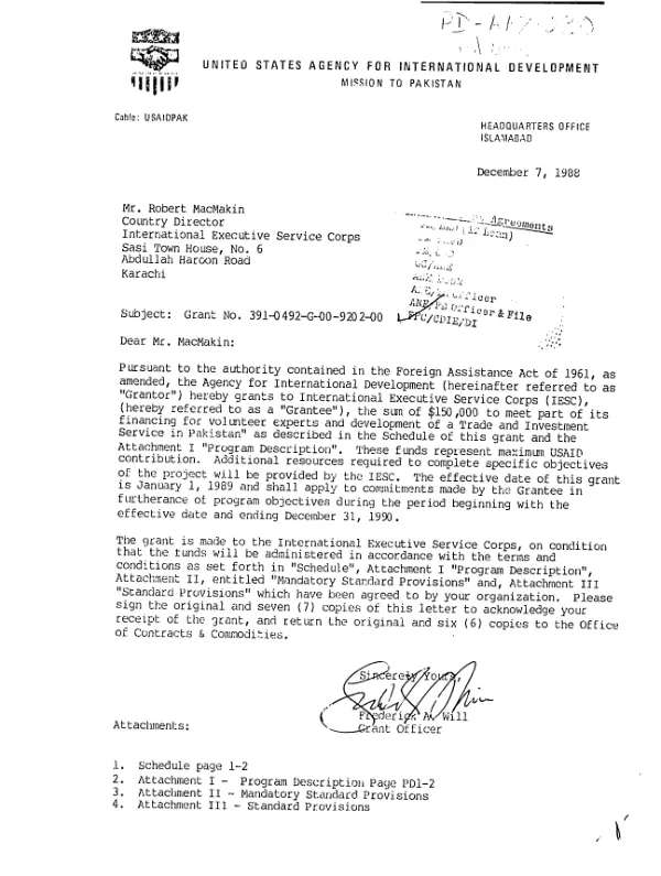Grant no. 391-0492-G-00-9202-00 to International Executive Service Corps