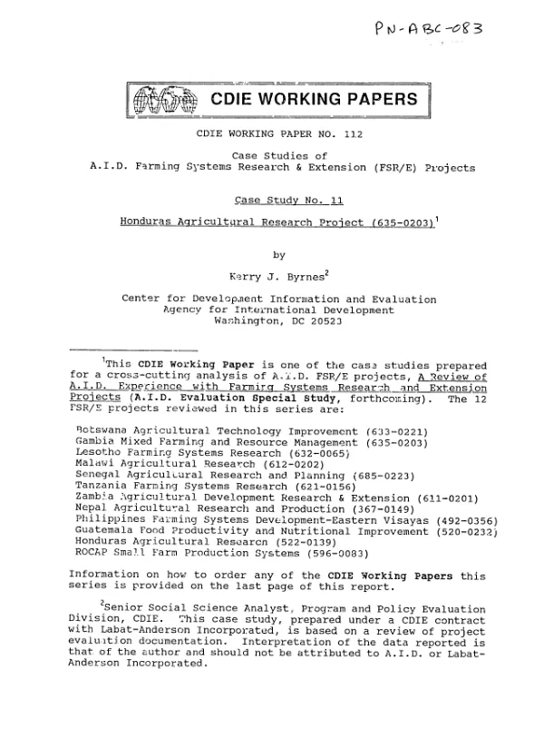 Honduras agricultural research project (635-0203) [i.e. 5220139]