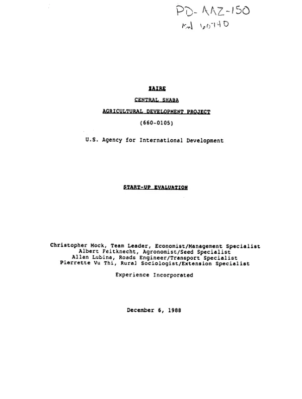 Zaire Central Shaba agricultural development project (660-0105), US Agency for International Development : start - up evaluation