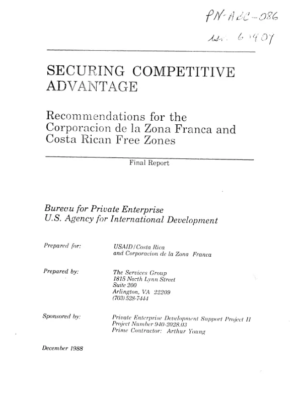 Securing competitive advantage : recommendations for the Corporacion de la Zona Franca and Costa Rican free zones -- final report