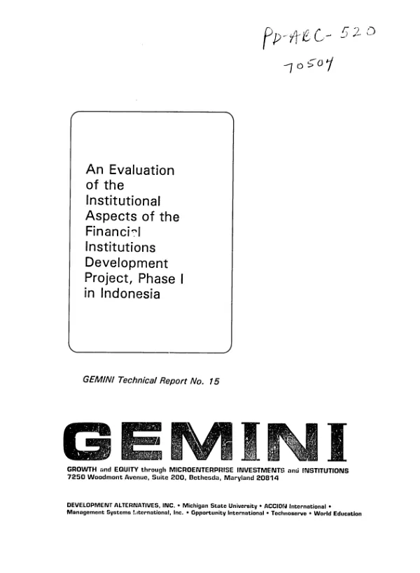 Evaluation of the institutional aspects of the financial institutions development project, Phase I in Indonesia