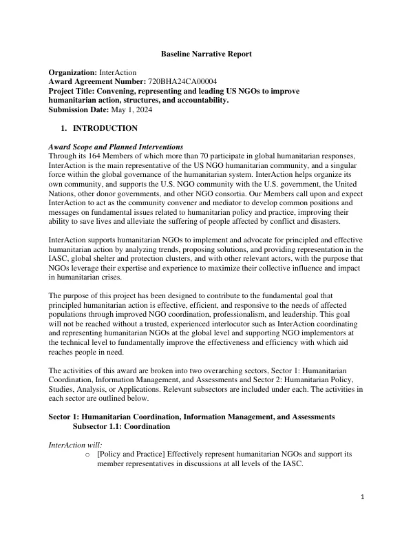 [Convening, representing and leading US NGOs to improve humanitarian action, structures, and accountability] : baseline narrative report
