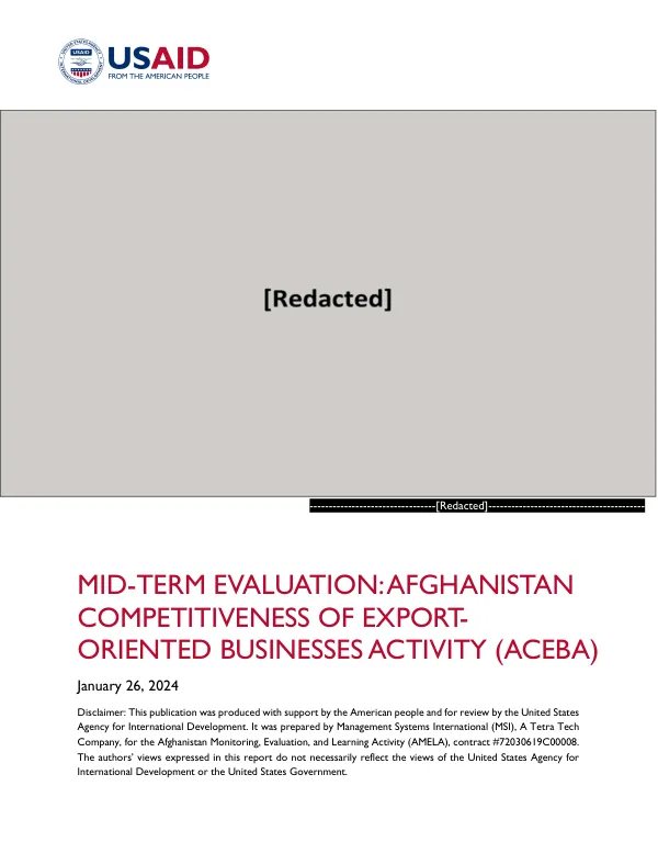 Mid-term evaluation : Afghanistan competitiveness of export-oriented businesses activity (ACEBA)