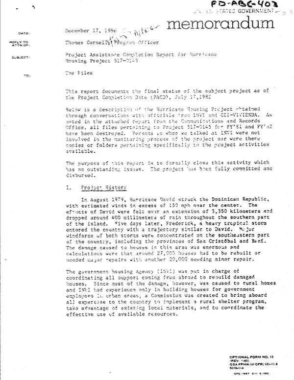 Project assistance completion report for hurricane housing project 517-0145