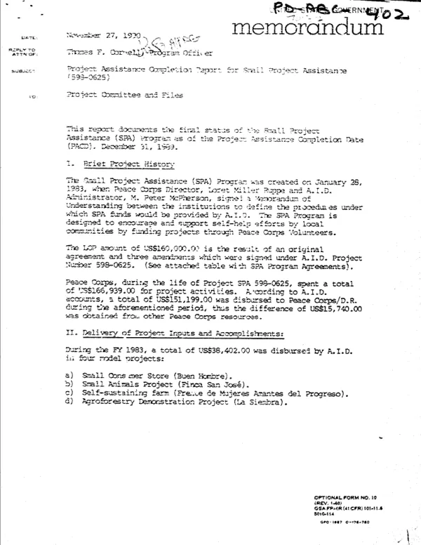 Project assistance completion report for small project assistance (598-0625)