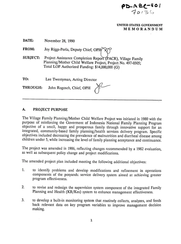Project assistance completion report (PACR), village family planning/mother child welfare project
