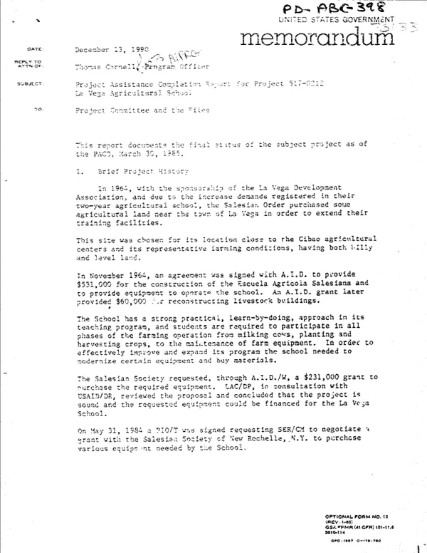 Project assistance completion report for project 517-0212, La Vega Agricultural School