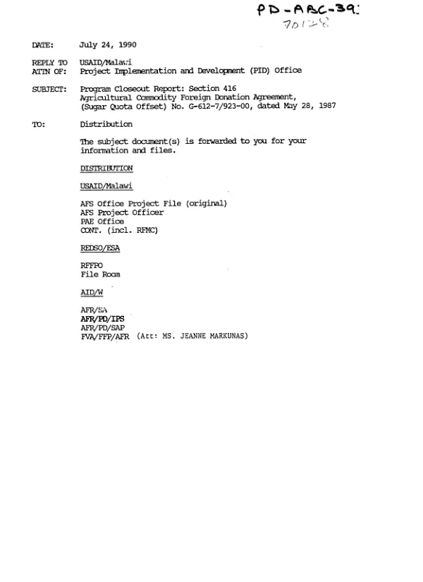 Malawi : program close-out report [: section 416 United States Government agricultural foreign donation agreement no. G-612-7/923-00 -- US hard red winter wheat 18,294 metric tons]