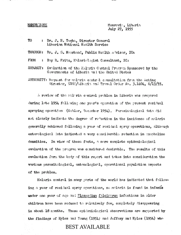 Evaluation of the malaria control program sponsored by the Governments of Liberia and the United States