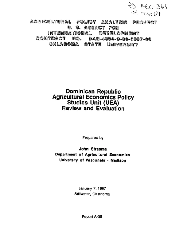 Dominican Republic agricultural economics policy studies unit (UEA) : review and evaluation