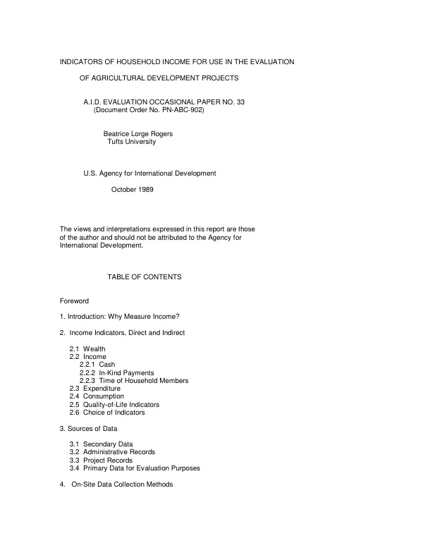 Indicators of household income for use in the evaluation of agricultural development projects