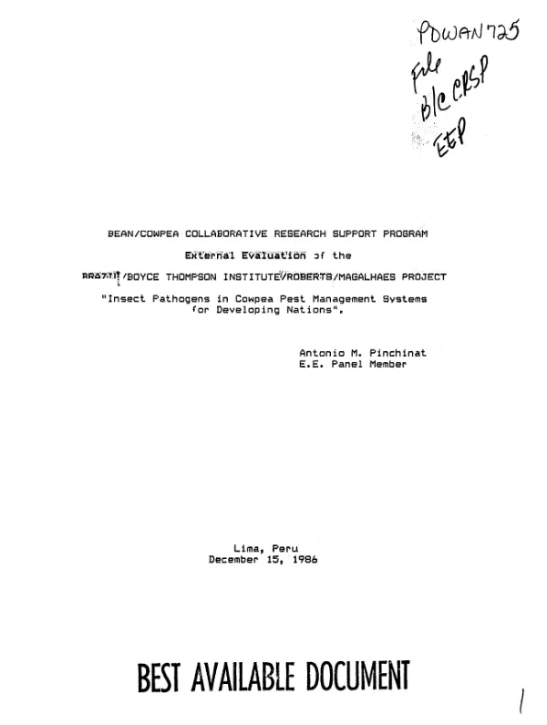 Bean/cowpea collaborative research support program : external evaluation of the Brazil/Boyce Thompson Institute/Roberts/Magalhaes project -- insect pathogens in cowpea pest management systems for developing nations