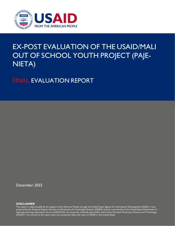 Ex-Post evaluation of the USAID/Mali out of school youth project (PAJE-NIETA)