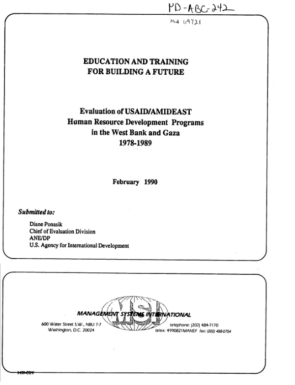 Education and training for building a future : evaluation of USAID/AMIDEAST human resource development programs in the West Bank and Gaza, 1978-1989