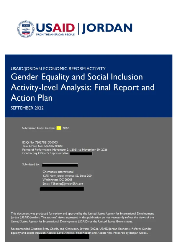 USAID/Jordan economic reform activity : gender equality and social inclusion activity-level analysis : final report and action plan