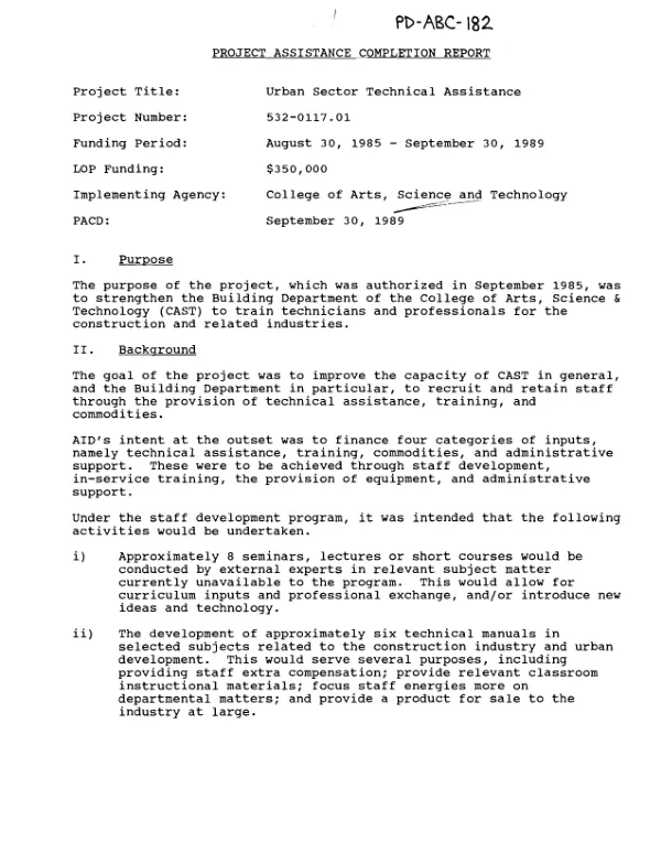 Project assistance completion report : urban sector technical assistance