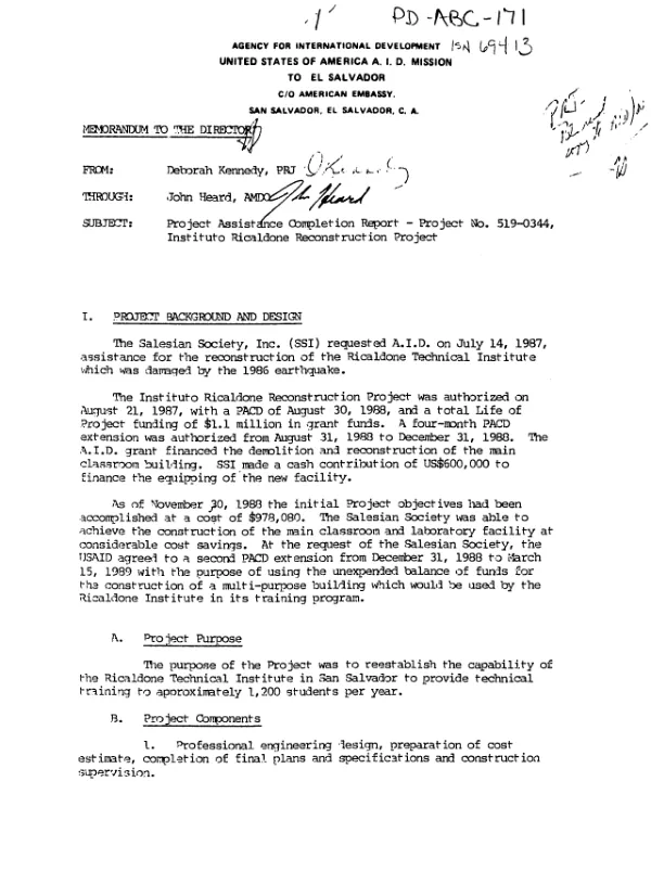 Project assistance completion report -- project no. 519-0344, Instituto Ricaldone reconstruction project