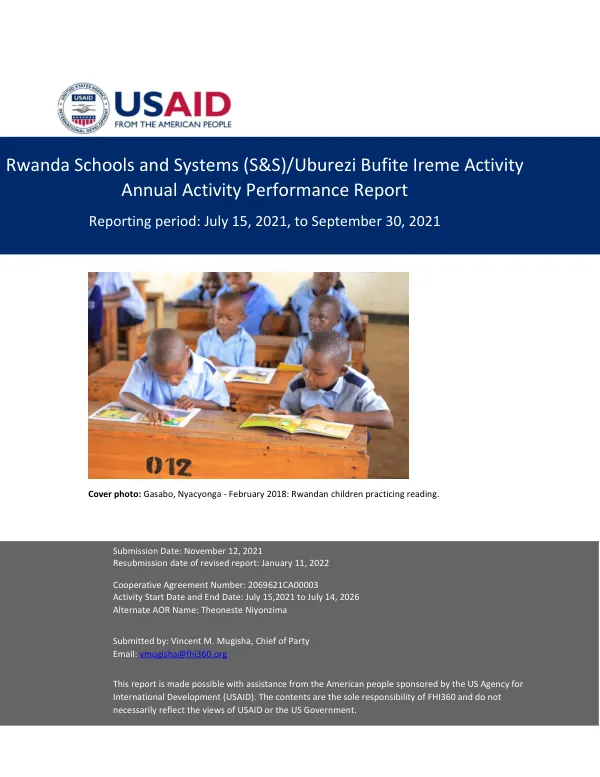 Rwanda schools and systems activity : annual activity performance report