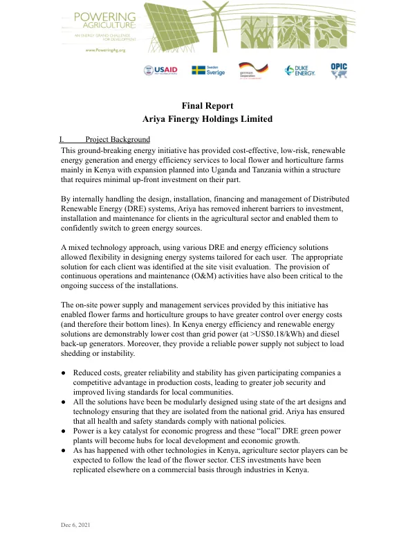 Final report : Ariya Finergy Holdings Limited