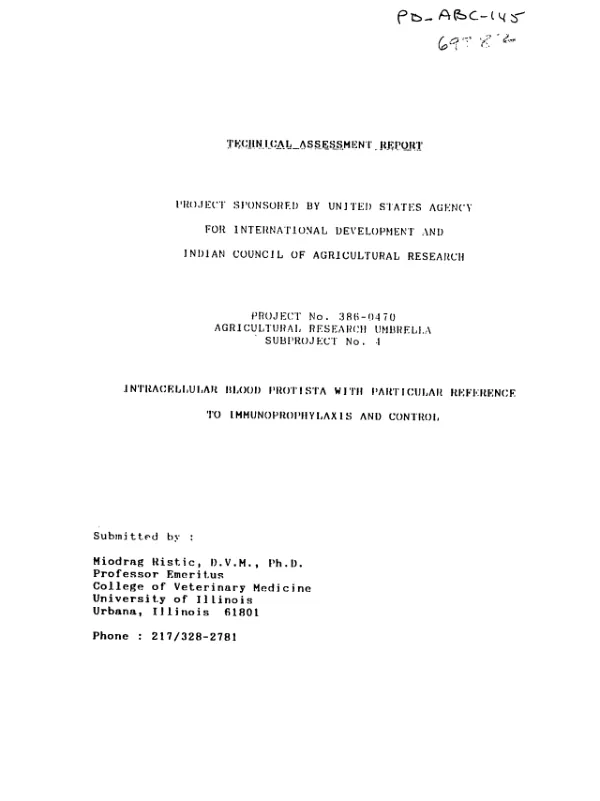 Technical assessment report : intracellular blood protista with particular reference to immunoprophylaxis and control