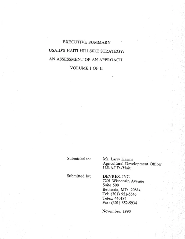 Executive summary -- USAID's Haiti hillside strategy : an assessment of an approach, volume I of II