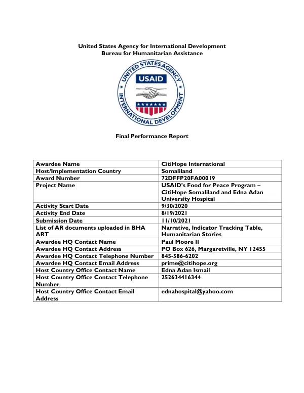 Final performance report : food for peace program