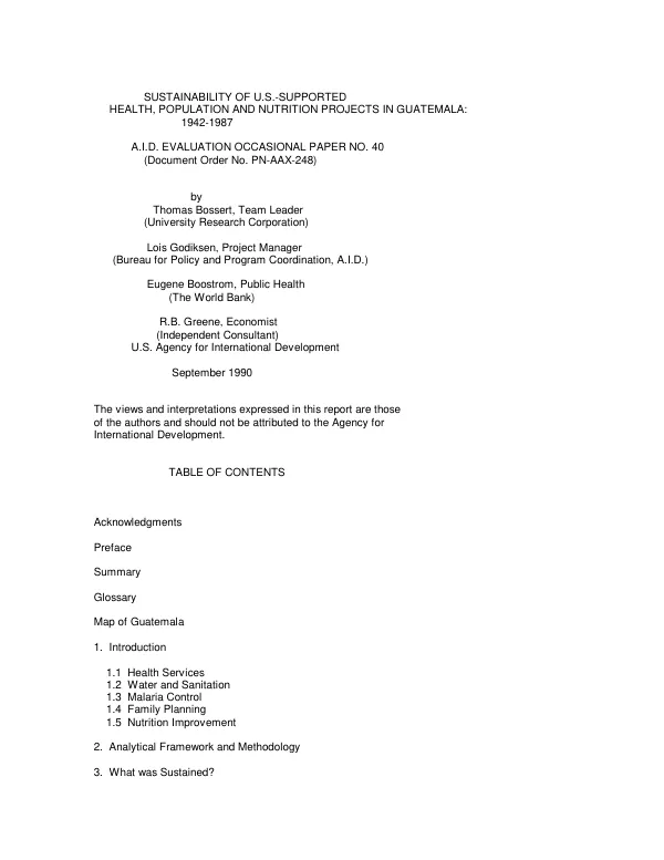 Sustainability of US supported health, population, and nutrition projects in Guatemala : 1942-1987