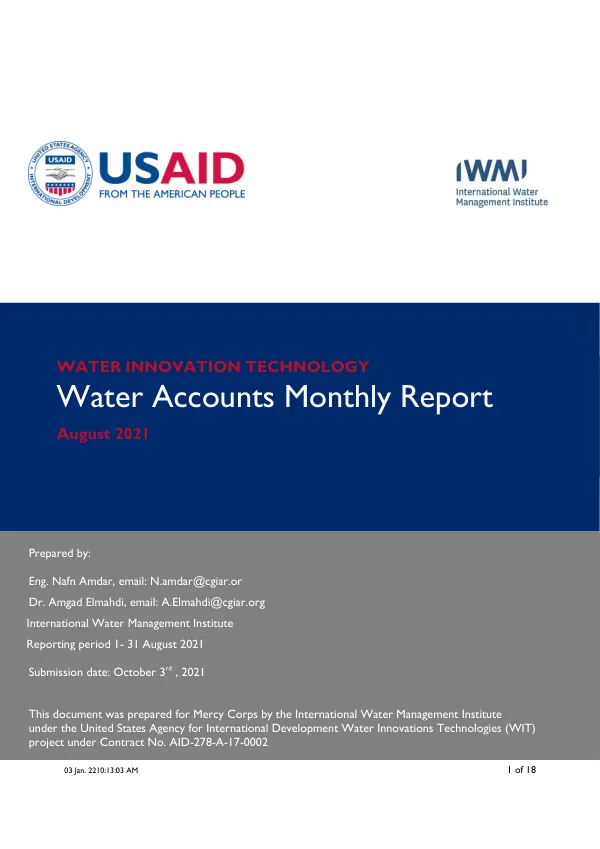 Water innovation technology : water accounts monthly report