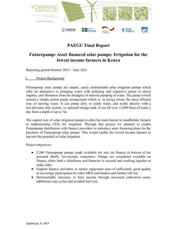 PAEGC final report : Futurepump : asset financed solar pumps: irrigation for the lowest income farmers in Kenya, reporting period October 2015 - June 2021