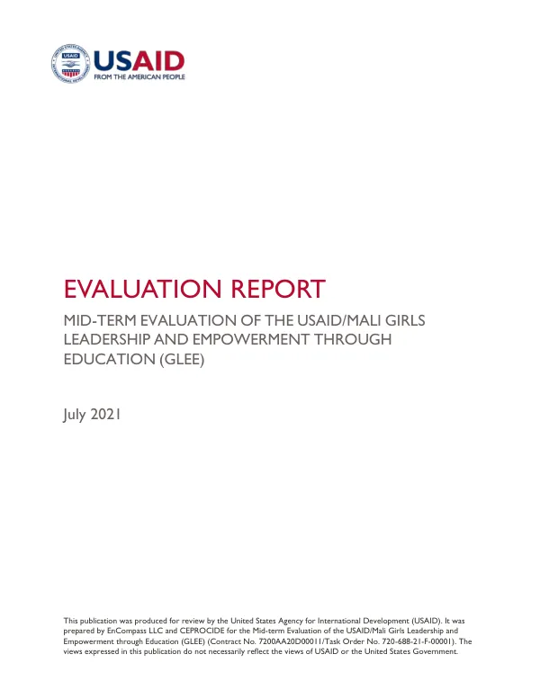 Mid-term evaluation of the USAID/Mali girls leadership and empowerment through education (GLEE)