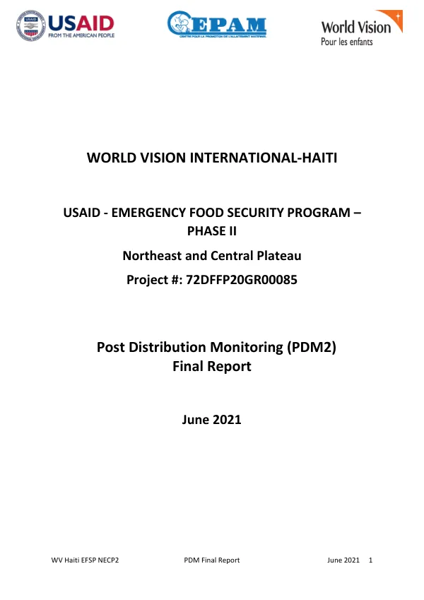 USAID - emergency food security program - phase II : Northeast and Central Plateau : post distribution monitoring (PDM2) : final report