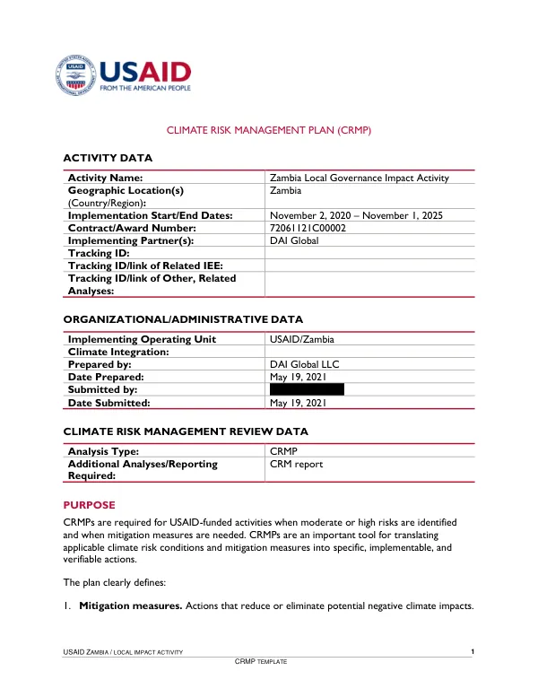 Zambia local governance impact activity : climate risk management plan (CRMP)