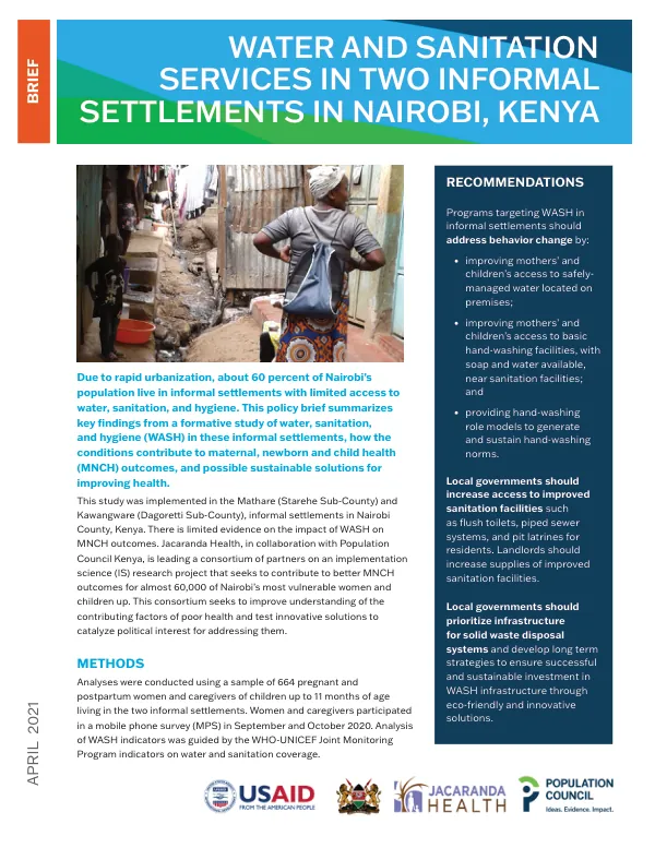 Water and sanitation services in two informal settlements in Nairobi, Kenya